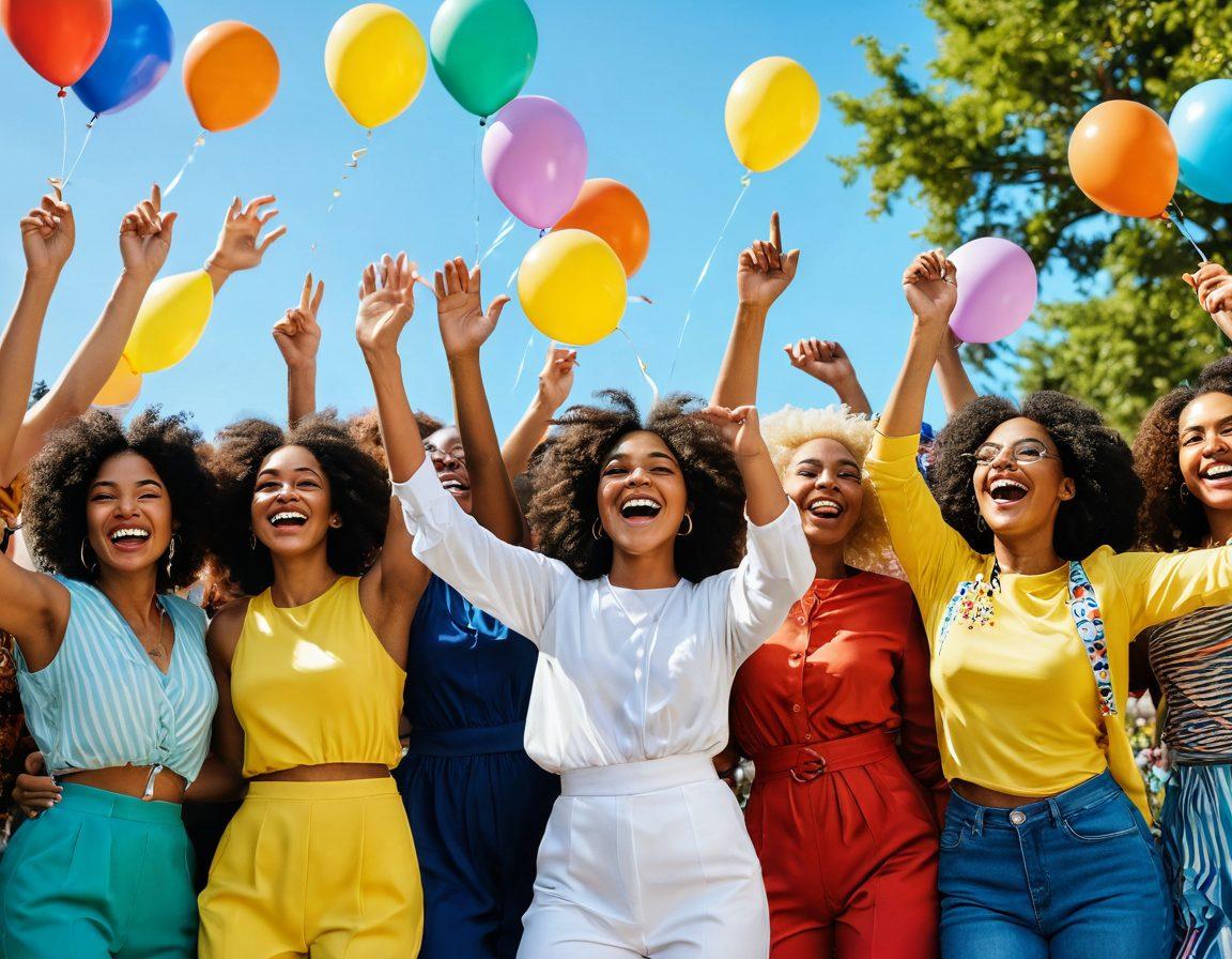 A diverse group of empowered women joyfully celebrating together, exuding strength and confidence. The scene is filled with vibrant colors, showcasing women of different ages and ethnicities dressed in empowering outfits, interacting in a lush, sunlit park. Balloons and confetti scatter in the air, symbolizing celebration and unity. Lively expressions and dynamic poses highlight their extraordinary spirit. super-realistic. vibrant colors. white background.