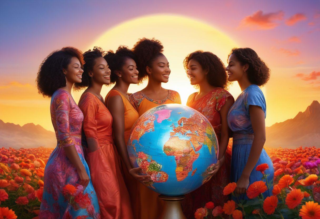 A group of diverse, powerful young women standing together, radiating confidence and joy, with elements symbolizing empowerment like a glowing globe, gears of change, and vibrant flowers around them. The backdrop features a sunrise, symbolizing new beginnings and hope. Their unique styles showcase cultural richness and individuality. super-realistic. vibrant colors. warm tones.