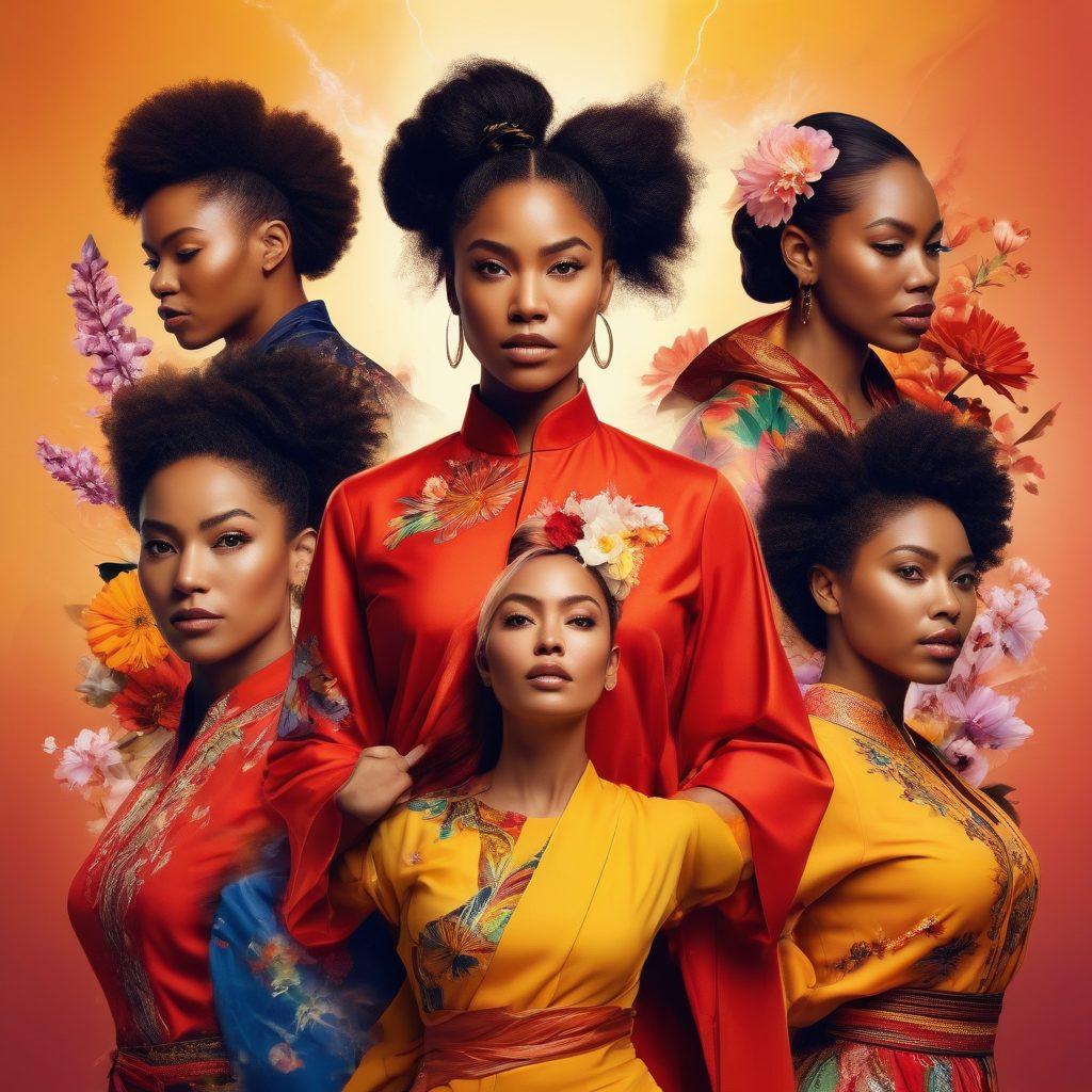 A powerful collage of diverse women in dynamic poses, showcasing their strength and resilience. Include elements representing various cultures, such as traditional attire and modern fashion. Surround them with symbols of empowerment, like lightning bolts and blooming flowers. The background should radiate energy with warm, vibrant colors blending harmoniously. super-realistic. vibrant colors. empowering atmosphere.